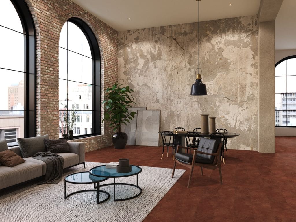 Floorlife Gietvloer Look PVC vloer in industriele woonkamer